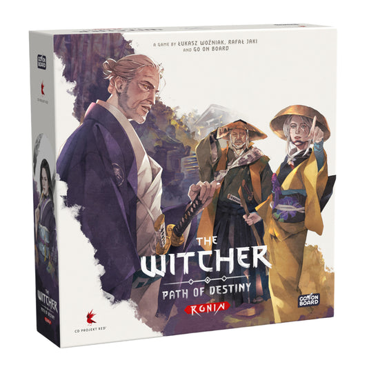 The Witcher: Path of Destiny - Ronin Board Game - front of box featuring art of the Witcher characters dressed in traditional Japanese clothing. 