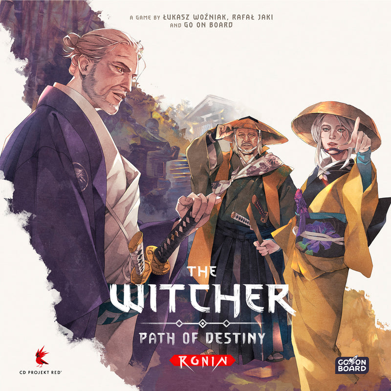 Load image into Gallery viewer, The Witcher: Path of Destiny - Ronin Board Game - front of box featuring art of the Witcher characters dressed in traditional Japanese clothing. 
