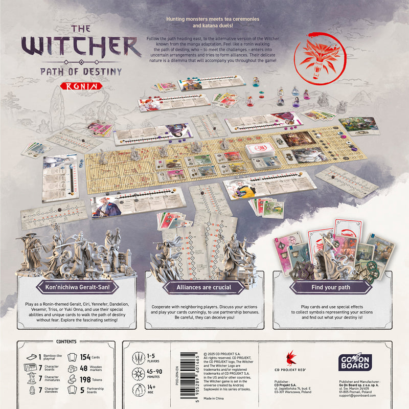 Load image into Gallery viewer, The Witcher: Path of Destiny - Ronin Board Game - back of box with game overview and images of sample components. Box indicates it is for ages 14+ and 1 to 5 players.
