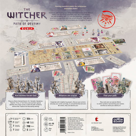 The Witcher: Path of Destiny - Ronin Board Game - back of box with game overview and images of sample components. Box indicates it is for ages 14+ and 1 to 5 players.