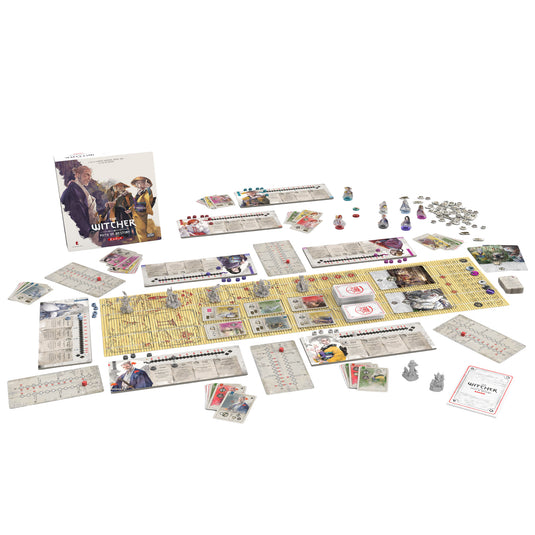 The Witcher: Path of Destiny - Ronin Board Game - box and setup game displayed including bamboo imitation game mate, character miniatures, player boards, and partnership tracks. 