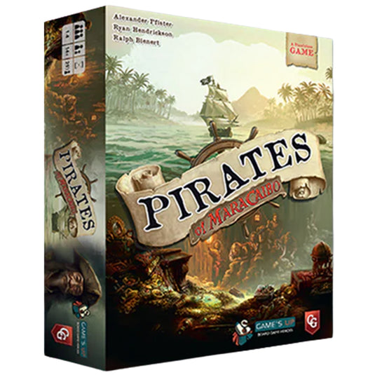 Pirates of Maracaibo Board Game - front of box featuring pirate themed art design.