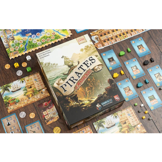 Pirates of Maracaibo Board Game - box and components displayed including sea cards, game tokens, and dice. 