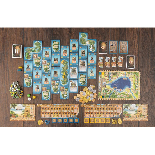 Pirates of Maracaibo Board Game - sample components displayed including game cards, game board, tokens, dice, and player boards.