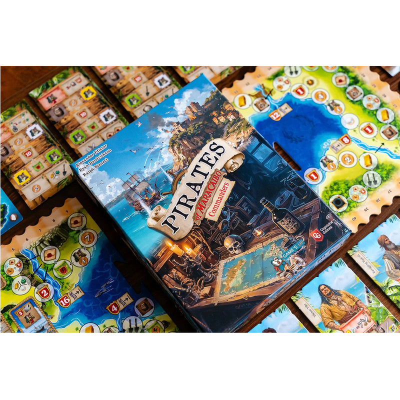 Load image into Gallery viewer, Pirates of Maracaibo: Commanders Expansion - box and sample components displayed including game board with map and character cards.
