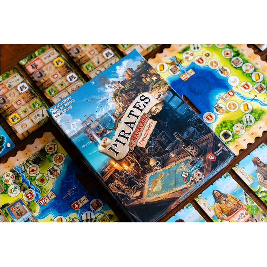 Pirates of Maracaibo: Commanders Expansion - box and sample components displayed including game board with map and character cards.
