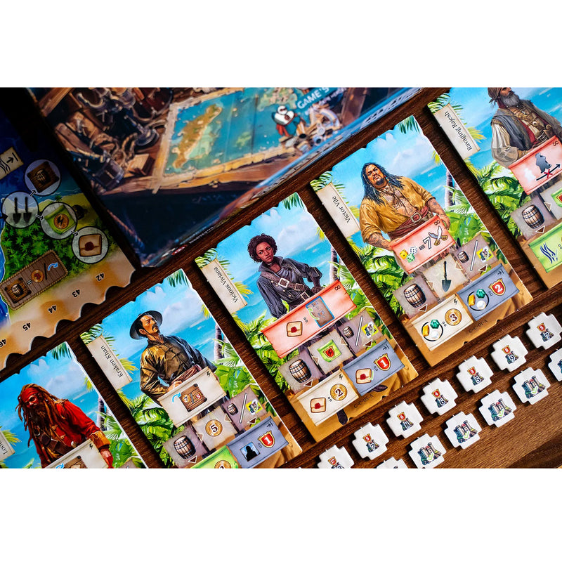 Load image into Gallery viewer, Pirates of Maracaibo: Commanders Expansion - sample character cards shown with different ability values listed.
