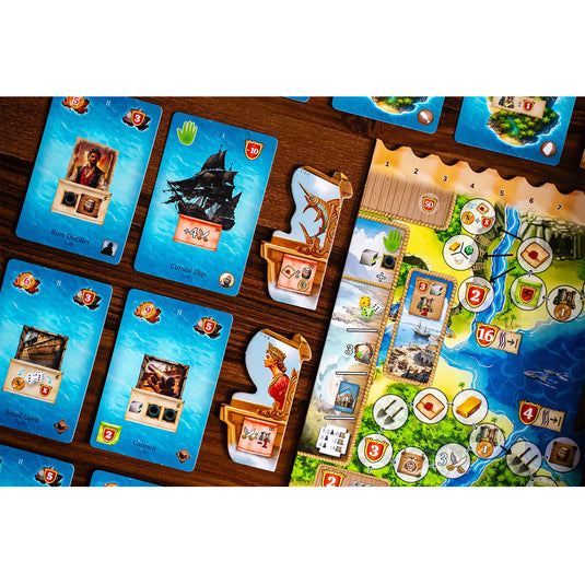 Pirates of Maracaibo: Commanders Expansion - sample components shown including sea cards and game board.