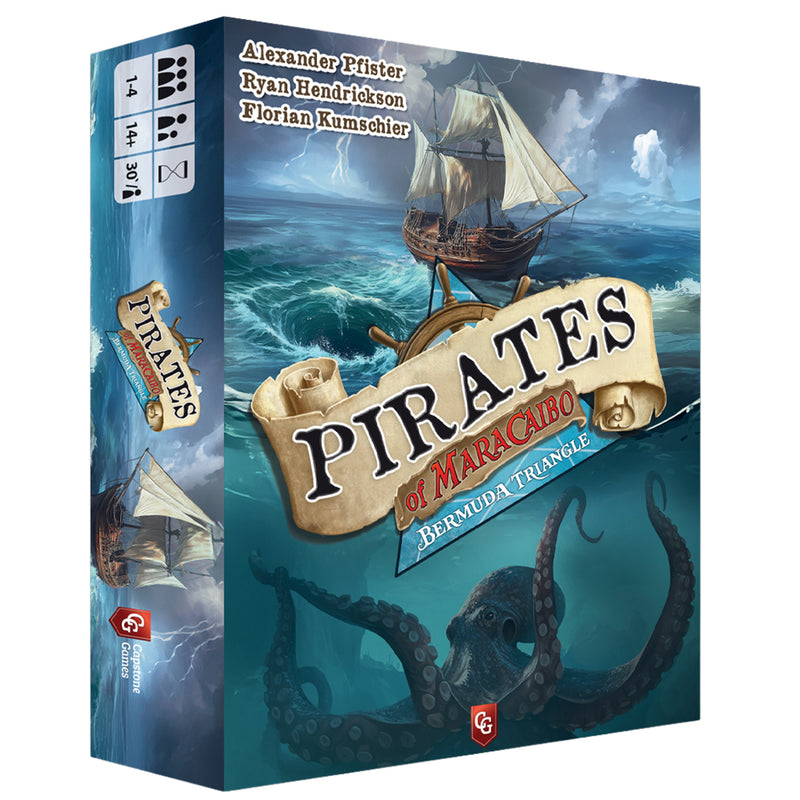 Load image into Gallery viewer, Pirates of Maracaibo: Bermuda Triangle - front of box with art of pirate ship and an octopus below the waters.

