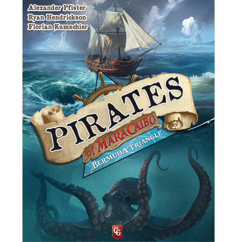 Load image into Gallery viewer, Pirates of Maracaibo: Bermuda Triangle - front of box with art of pirate ship and an octopus below the waters.
