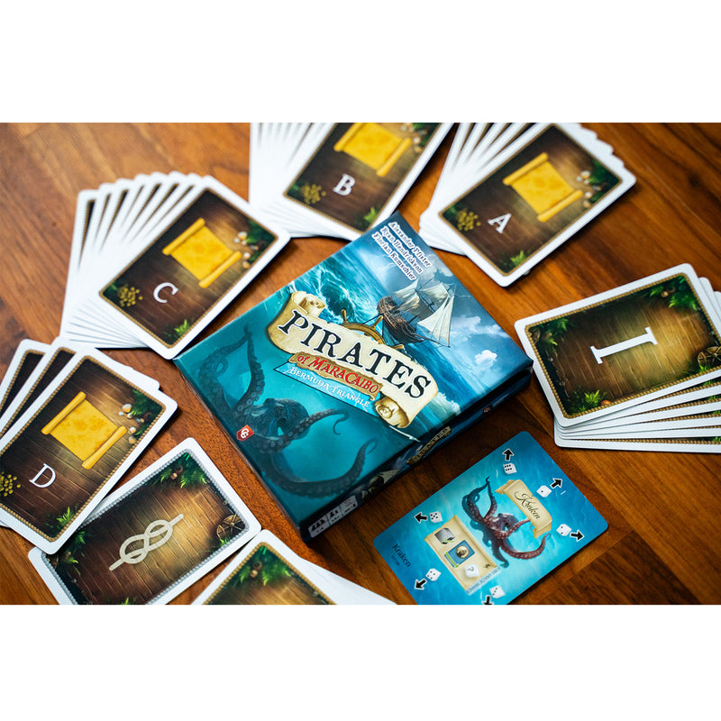 Load image into Gallery viewer, Pirates of Maracaibo: Bermuda Triangle - box and sample cards shown with different letters on each deck.

