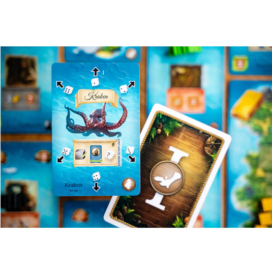 Pirates of Maracaibo: Bermuda Triangle - view of 'Kraken' card with dice values and arrows on each side of the card.
