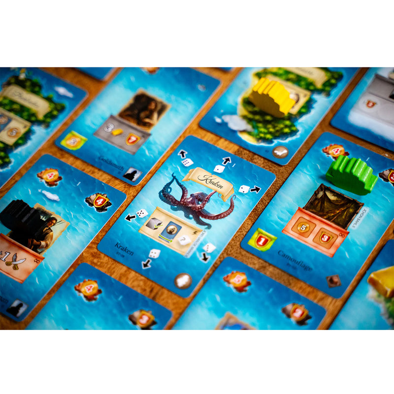 Load image into Gallery viewer, Pirates of Maracaibo: Bermuda Triangle - sample cards shown including 'Kraken' card.
