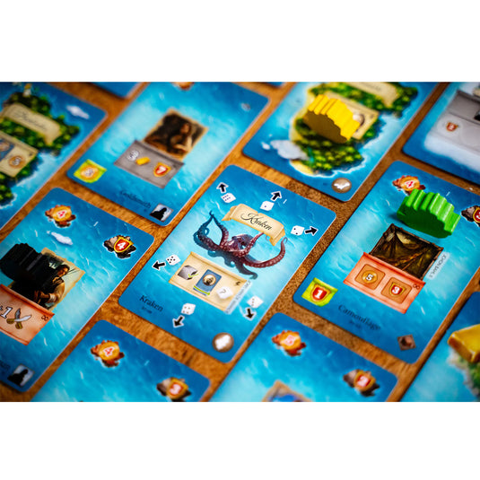 Pirates of Maracaibo: Bermuda Triangle - sample cards shown including 'Kraken' card.