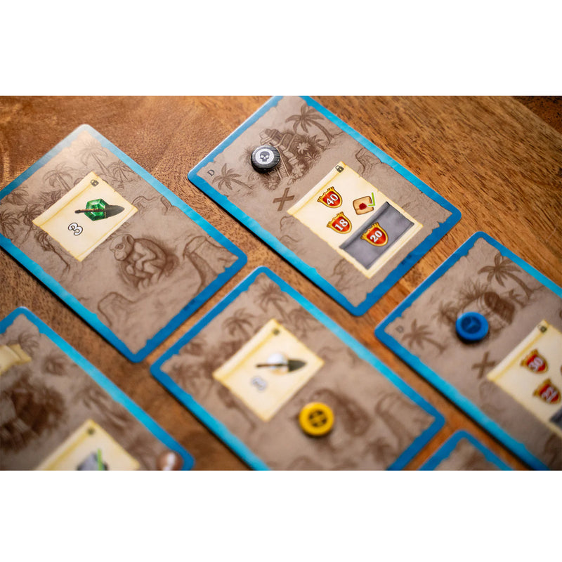 Load image into Gallery viewer, Pirates of Maracaibo: Bermuda Triangle - sample cards and tokens displayed on top of coffee table.
