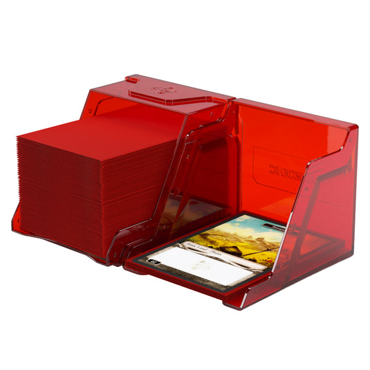 Bastion 80+ XL Red - View of two halves of deck box with sample cards.