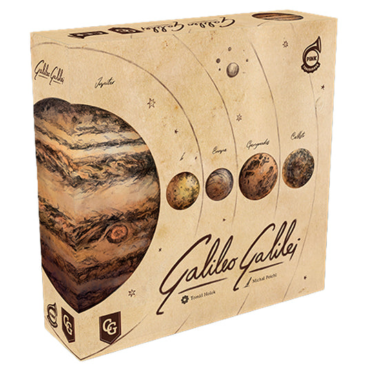 Galileo Galilei Board Game - front of box featuring illustrations of planets.