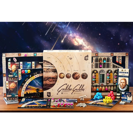 Galileo Galilei Board Game - box and sample components displayed including game boards, dice, player boards, and tokens.
