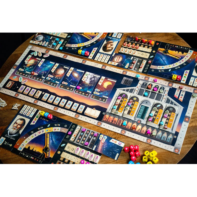 Load image into Gallery viewer, Galileo Galilei Board Game - sample components shown including game board with planet cards on top, game dice, player board with telescope track, and scientist cards. 
