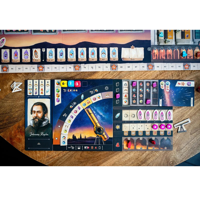 Load image into Gallery viewer, Galileo Galilei Board Game - player board shown with 'Johannes Kepler' card, comet tokens, star tokens, and telescope token.
