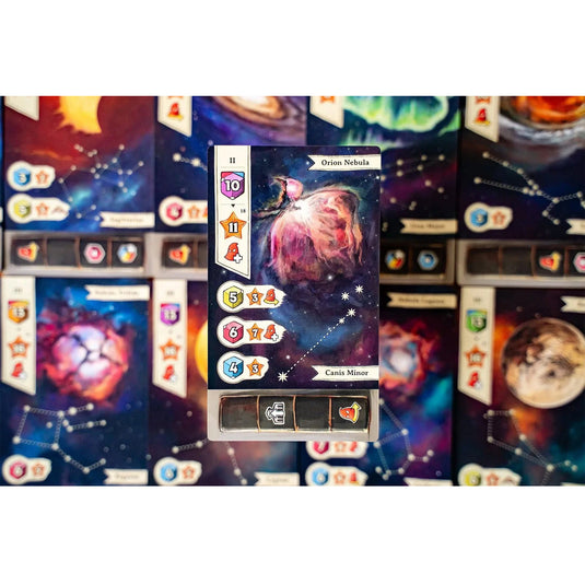 Galileo Galilei Board Game - view of 'Orion Nebula' card with different color dice values.