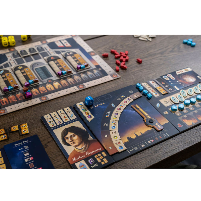 Load image into Gallery viewer, Galileo Galilei Board Game - sample components shown including game board, player board, dice, and tokens.
