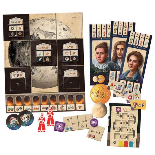 Galileo Galilei: Luna Expansion - sample components shown including moon game board, character tiles, tokens, and 'Urania' card.