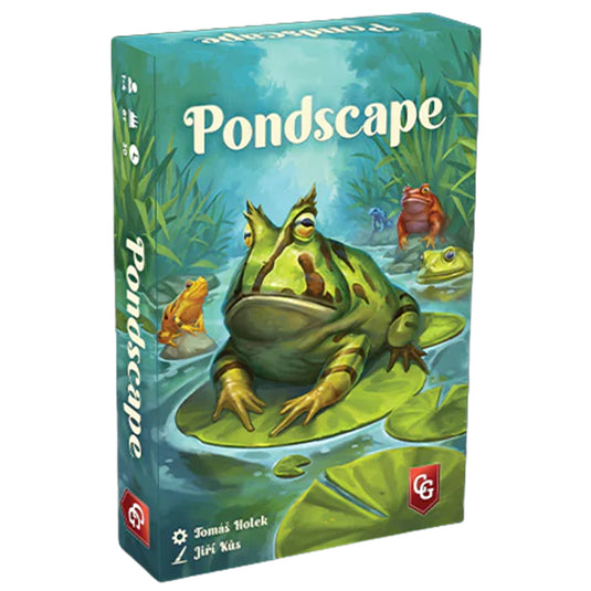 Pondscape Card Game - front of box featuring illustration of frogs in a pond.
