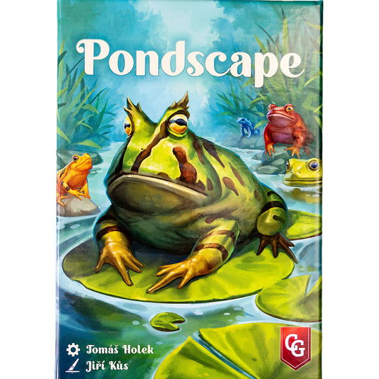 Pondscape Card Game - front of box featuring illustration of frogs in a pond.
