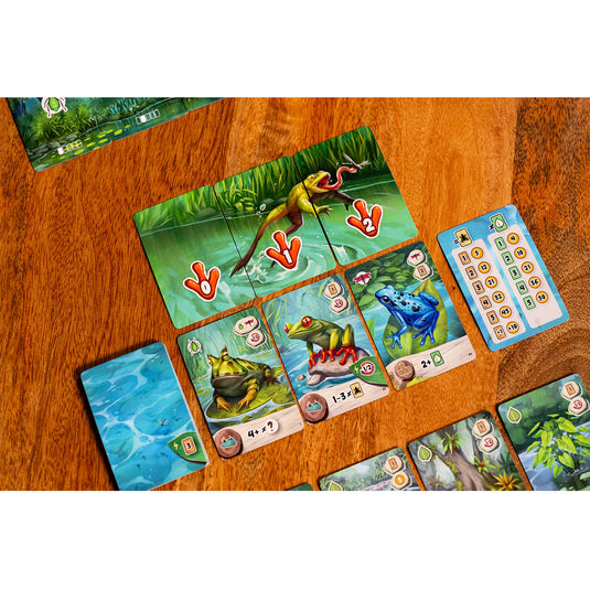 Pondscape Card Game - sample frog card shown with foot values between 0 and 2.