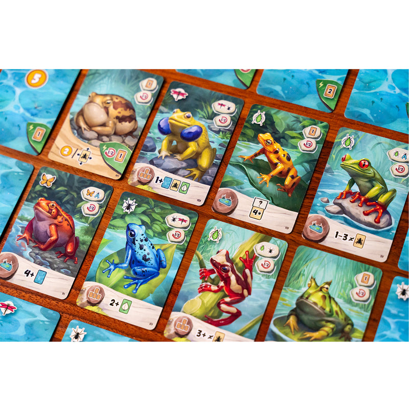 Load image into Gallery viewer, Pondscape Card Game - sample frog cards shown each featuring art of different frogs along with insect icons.
