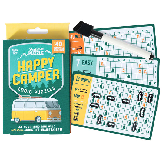 Happy Camper Puzzle Game - front of packaging and sample camping themed puzzles shown with different difficulty ratings. 