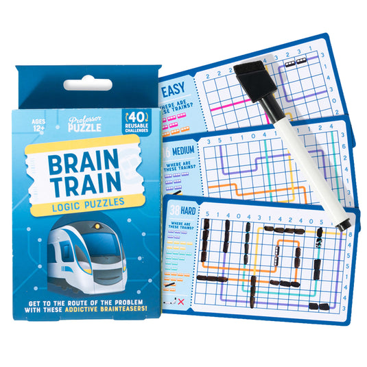 Brain Train Puzzle Game - front of packaging and sample puzzles shown with different difficulty ratings. 