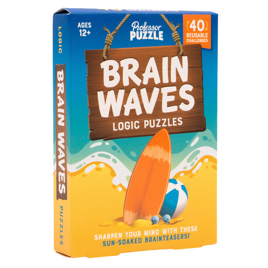 Brain Waves Puzzle Game - front of box featuring art of beach. Box indicates it is for ages 12+.