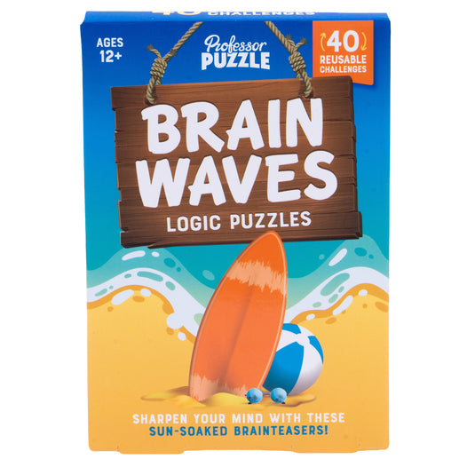Brain Waves Puzzle Game - front of box featuring art of beach. Box indicates it is for ages 12+.
