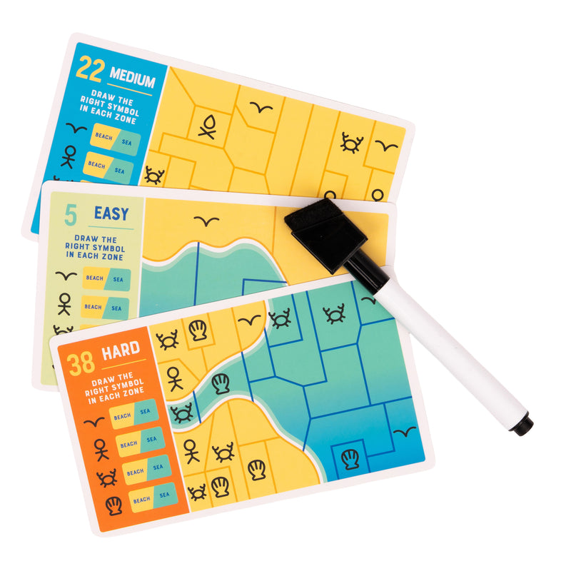 Load image into Gallery viewer, Brain Waves Puzzle Game - sample puzzle cards shown with different difficulty levels alongside a dry erase marker.
