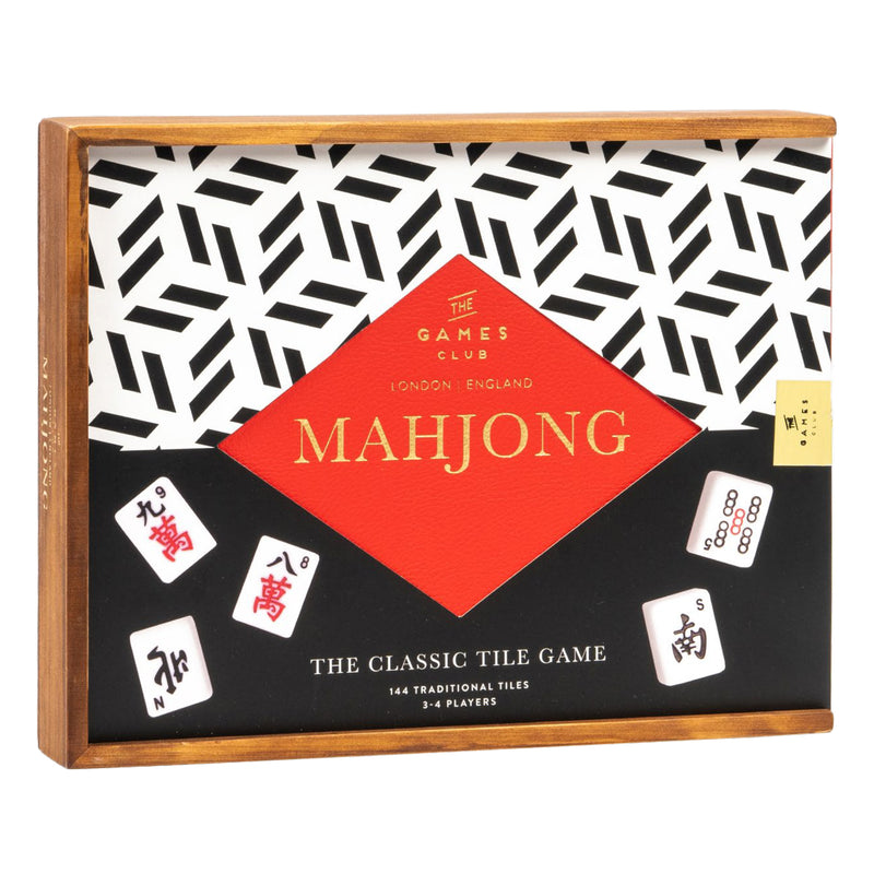 Load image into Gallery viewer, Deluxe Mahjong Set - Front of box with black and white geometric design and images of sample tiles.
