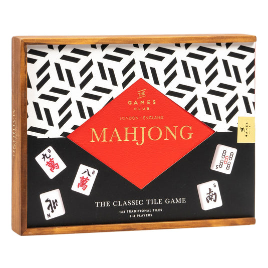 Deluxe Mahjong Set - Front of box with black and white geometric design and images of sample tiles.