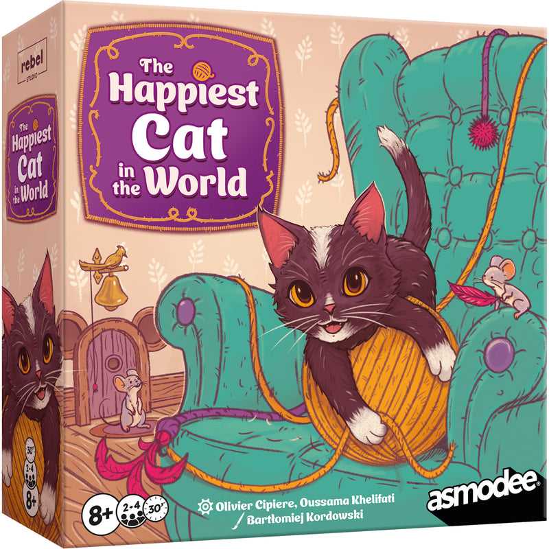 Load image into Gallery viewer, The Happiest Cat in the World Board Game - view of front of box featuring art of a kitten holding a ball of yarn.
