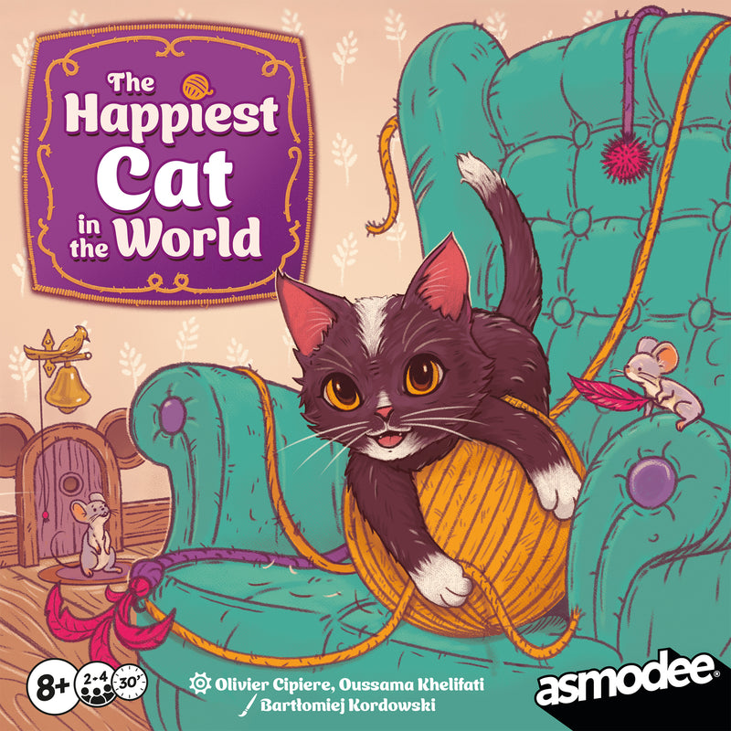 Load image into Gallery viewer, The Happiest Cat in the World Board Game - view of front of box featuring art of a kitten holding a ball of yarn.
