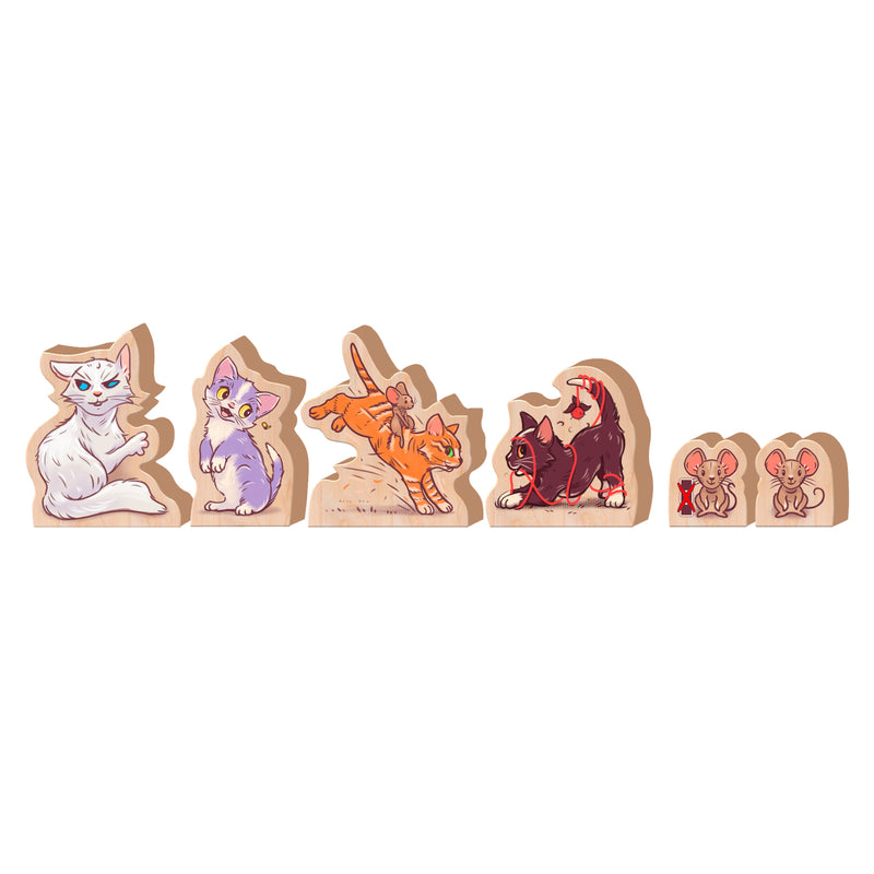 Load image into Gallery viewer, The Happiest Cat in the World Board Game - view of 4 cat character tokens and 2 mice character tokens.
