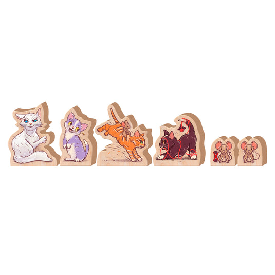 The Happiest Cat in the World Board Game - view of 4 cat character tokens and 2 mice character tokens.