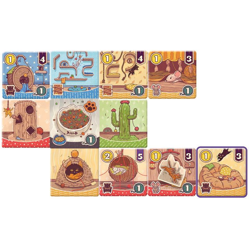 Load image into Gallery viewer, The Happiest Cat in the World Board Game - view of game tiles with different coin values, yarn values, and chair icons. 
