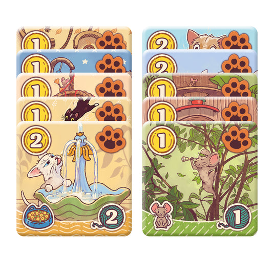 The Happiest Cat in the World Board Game - view of sample tokens with different coin values, yarn values, and icons.