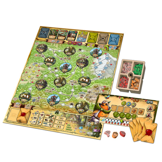 Trial of the Forest Board Game - Game components shown including game board with map and tokens.