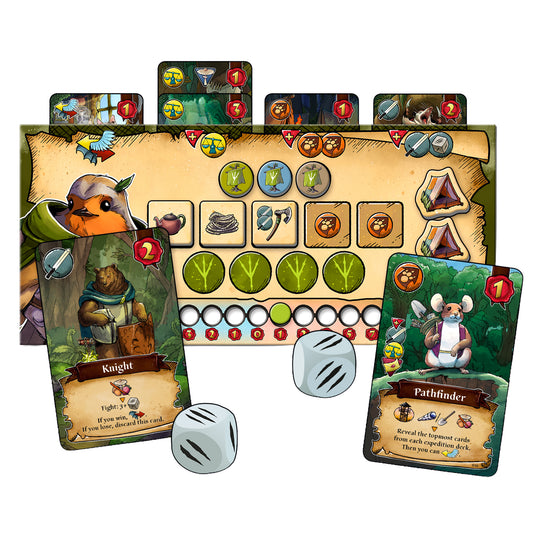 Trial of the Forest Board Game - sample game components shown including game dice, knight card, pathfinder card, and tokens. 