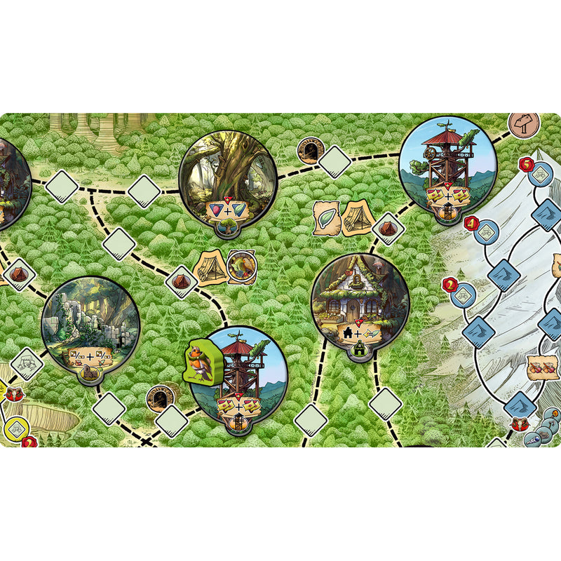 Load image into Gallery viewer, Trial of the Forest Board Game - close up view of game board showing different locations on a map with trails connecting them. 
