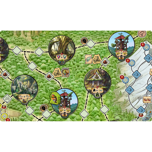Trial of the Forest Board Game - close up view of game board showing different locations on a map with trails connecting them. 