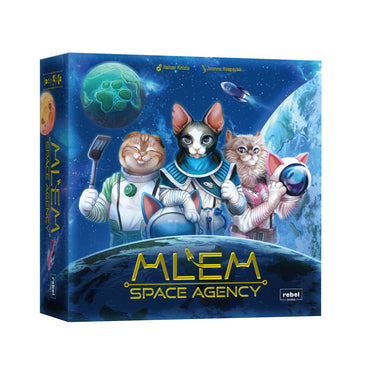 MLEM:  Space Agency Board Game - front of box featuring art of cat astronauts in space. 