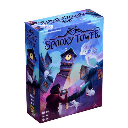 Spooky Tower Board Game - front of box featuring art of ghosts surrounding tower. 